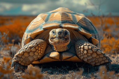 Large Sulcata tortoise with a tan, domed shell and thick, elephant-like legs standing in a desert environment