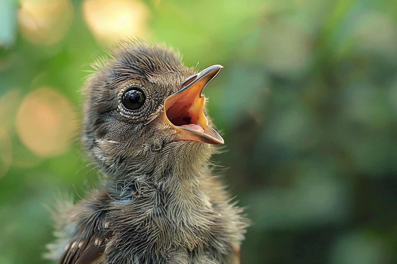 Close-up of a baby robin chick with its mouth open, waiting to be fed