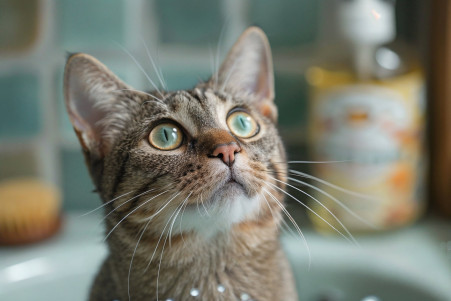 Tabby cat looking up worriedly at a bottle of Dawn dish soap on a bathroom counter