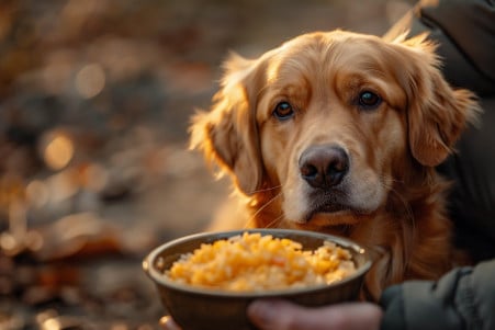 Labrador Retriever sitting next to a bowl of yellow rice, focused on the food