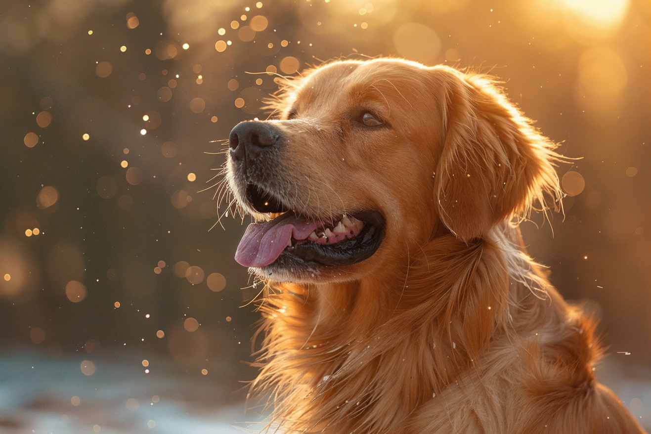 Golden Retriever with mouth open and tongue hanging out, showing signs of wheezing or allergic distress