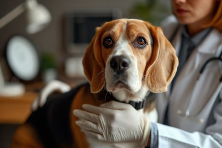 Vet in white coat checking the anal glands of a calm Beagle in a clean veterinary clinic