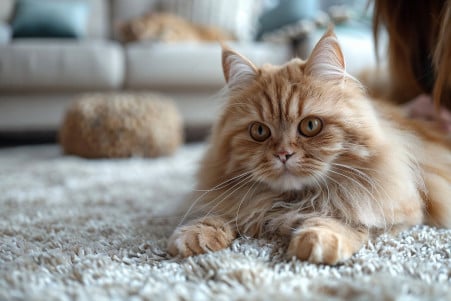 Panoramic view of a living room with a Persian cat in the foreground, its long, fluffy fur coated in dried cat diarrhea, and the owner kneeling on the carpet, scrubbing the stained area with a cleaning solution and brush