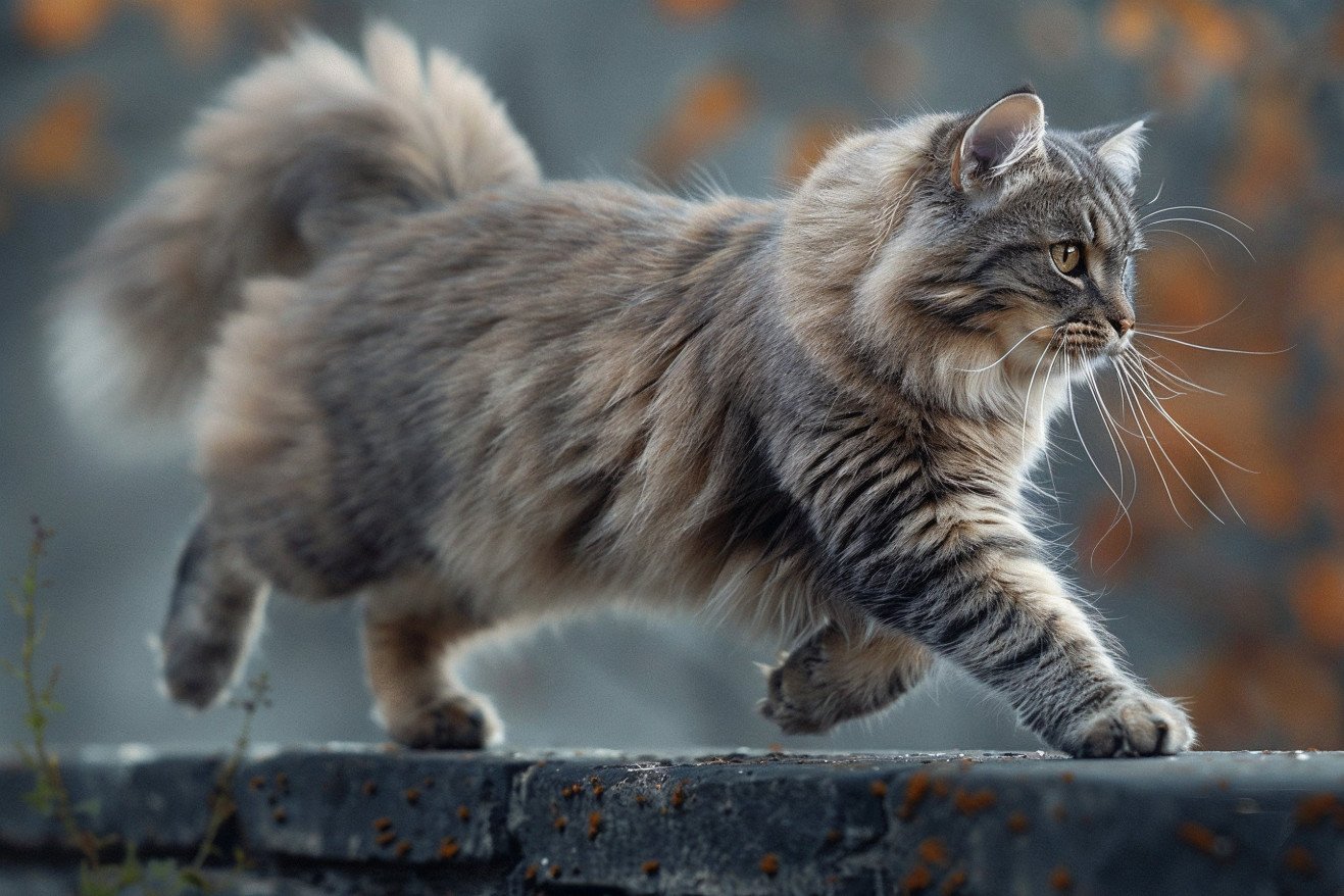 Detailed photograph of a sleek, fluffy grey Siberian cat balanced on a narrow surface, its long, bushy tail extended behind it for stability