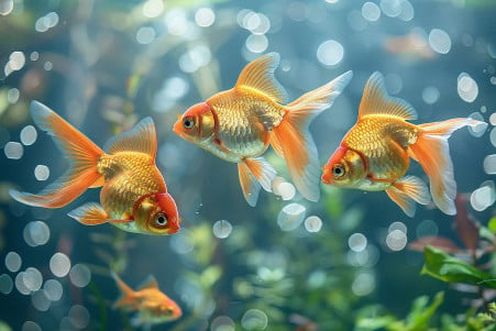 Three small goldfish clustered together, appearing to sleep soundly in a planted freshwater tank