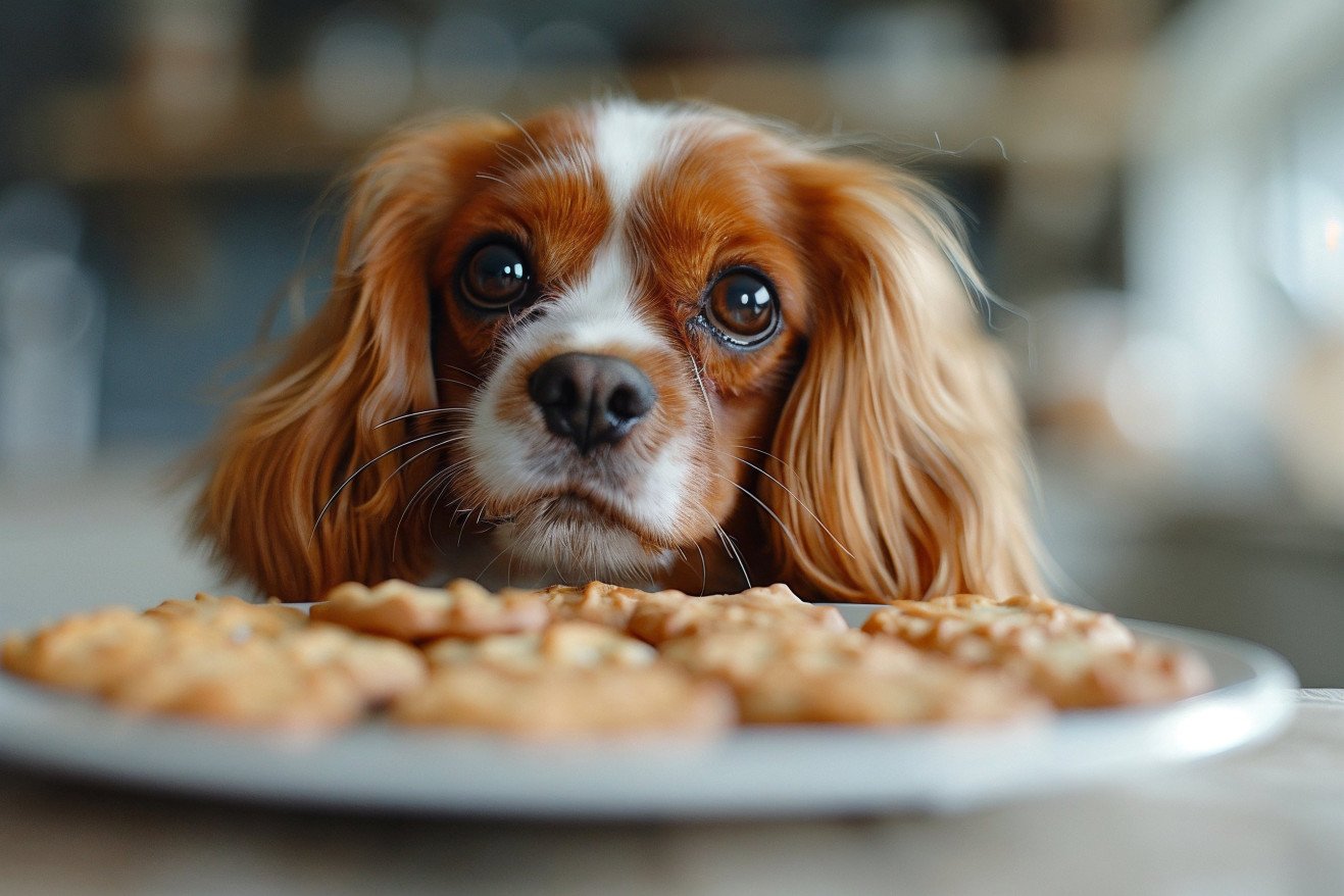 Cavalier King Charles Spaniel with a fluffy coat and big eyes, pawing at a plate of vanilla wafer cookies on a kitchen counter