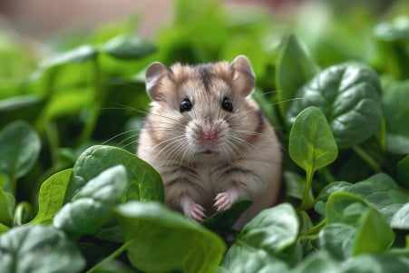Roborovski Dwarf Hamster sitting amongst a pile of fresh spinach leaves