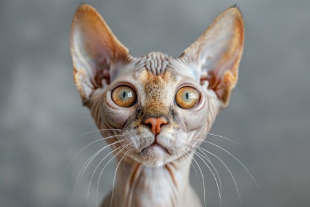 Close-up of a pinkish-gray Sphynx cat with large, expressive eyes and wrinkled, velvety skin