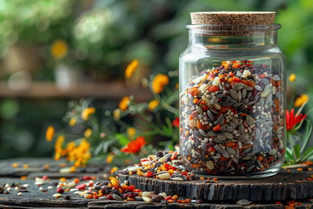Close-up of a glass jar filled with assorted bird seed on a rustic wooden table