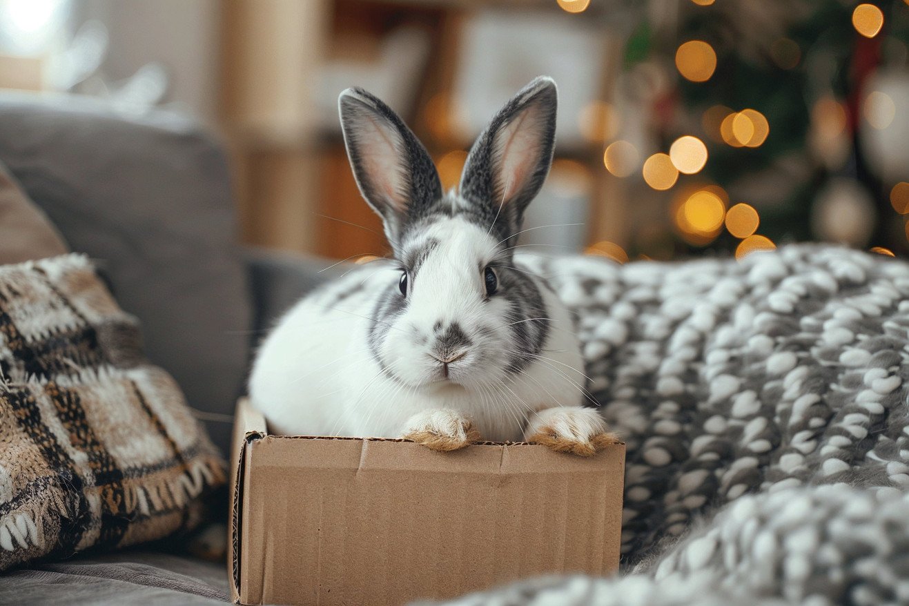 A black and white spotted Dutch rabbit chewing on the corner of a cardboard box in a living room setting