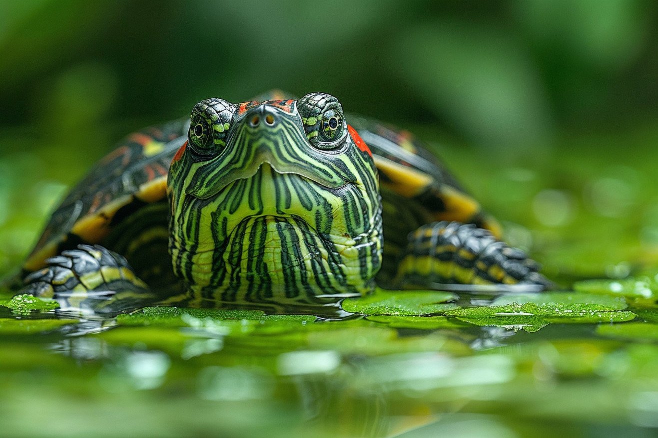 A red-eared slider turtle partially submerged in a pond, drinking water through its beak surrounded by green aquatic plants