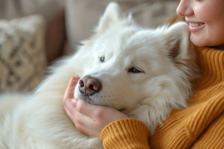 Samoyed dog playfully nibbling on owner's hand in a cozy, well-lit living room