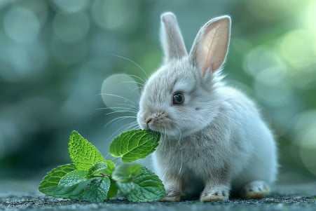 Artistic image of a dwarf rabbit cautiously eating a mint leaf