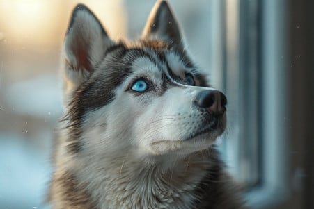Siberian husky with striking blue eyes, looking unbalanced and worried in a minimalist room
