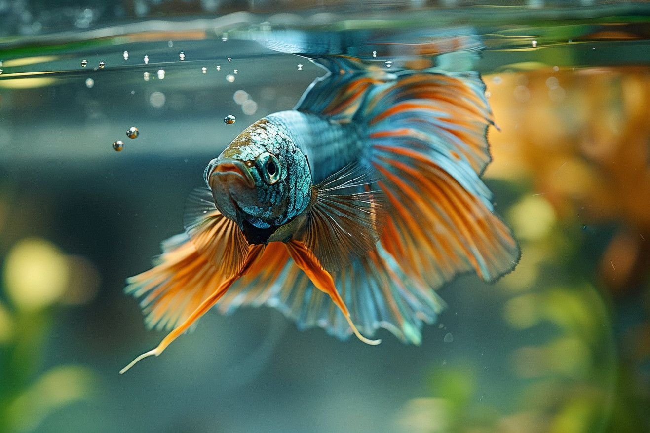 Overhead view of a Betta fish with long, flowing fins snarling and displaying its tiny teeth in a glass bowl with aquatic plants