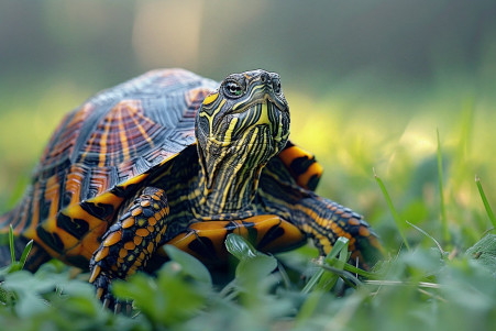 Box turtle with its head raised, emitting a soft chirping sound in a grassy environment