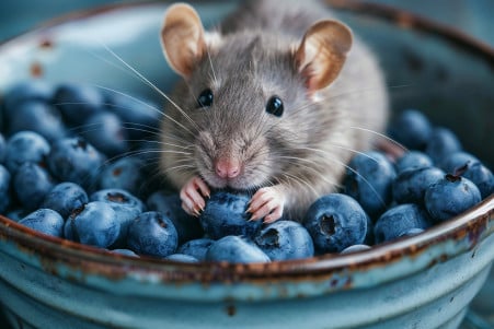 A small grey rat with its nose in a bowl of fresh blueberries, with a focused, curious expression
