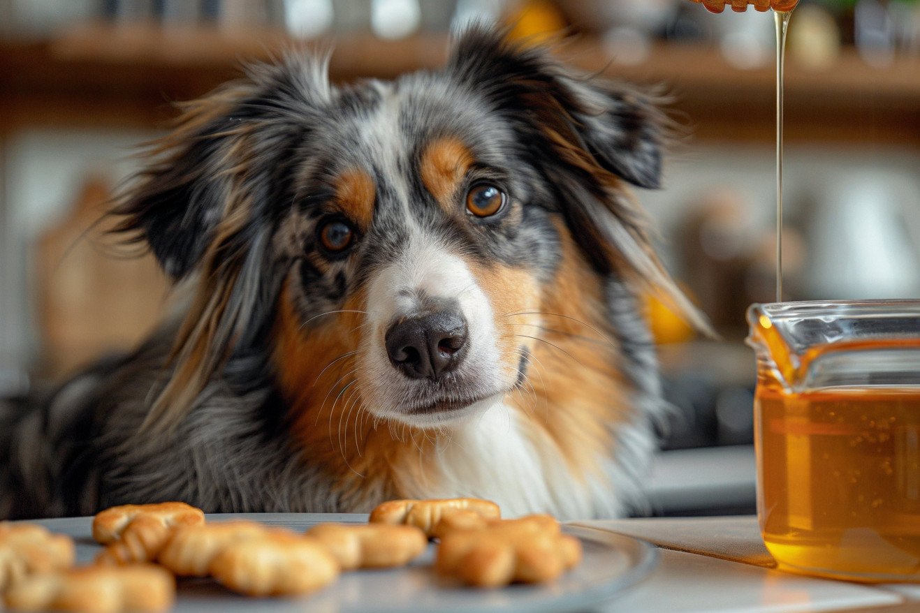 Australian Shepherd with vibrant, multicolored coat looking at honey being poured onto a dog treat in a kitchen setting