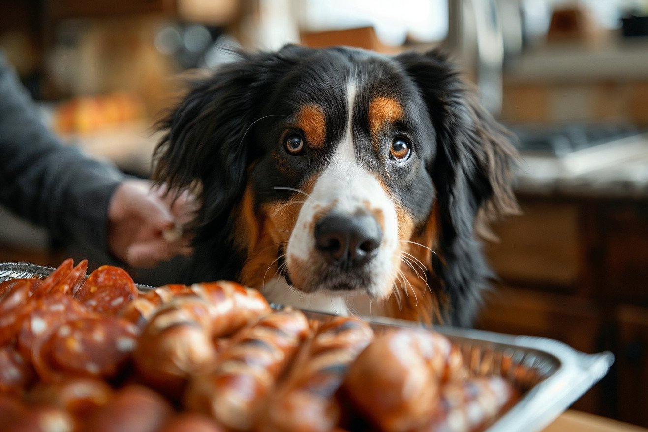 Bernese Mountain Dog standing next to an open package of Italian sausages, with the owner's hand gently preventing the dog from getting too close