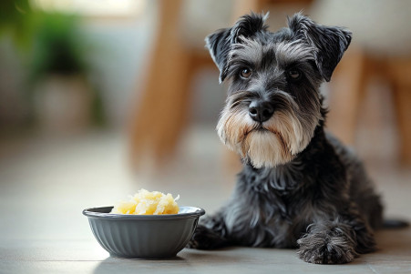 Well-groomed Schnauzer sitting next to a bowl of sauerkraut in a dining room, looking at it thoughtfully