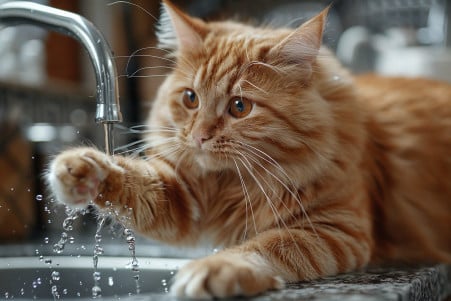 Fluffy orange tabby cat shaking its paws after being touched by cold water on a marble countertop in a modern kitchen