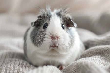 Curious Abyssinian guinea pig with a rosette-patterned grey and white coat tilting its head to the side, capturing the 'whistling' vocalization guinea pigs make