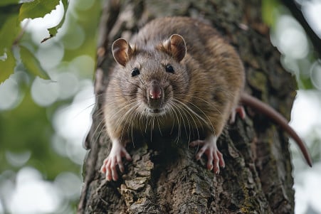 A wild brown rat clinging to the trunk of a large oak tree, with its claws dug into the bark and a focused expression
