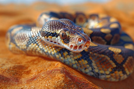 Photorealistic stock photo of a ball python slithering across a sandy desert floor, its triangular head tilted as if detecting a distant sound