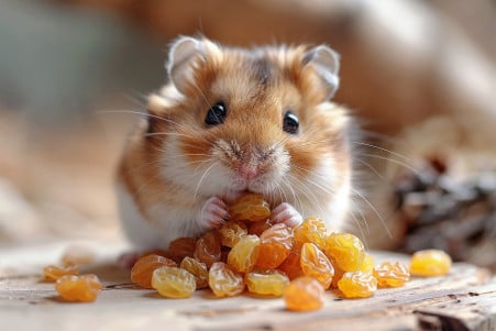 Close-up of a curious Syrian hamster with a soft brown and white coat sniffing a small pile of raisins on a wooden surface