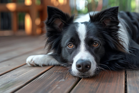 A border collie dog sighing contentedly as it stretches out in a sunny patch on a wooden deck