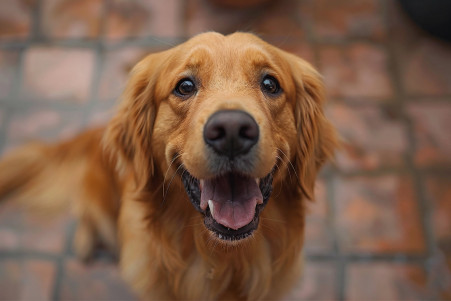 Detailed image of an anxious-looking Golden Retriever shaking and panting on a tile floor, with a distressed expression and tucked tail