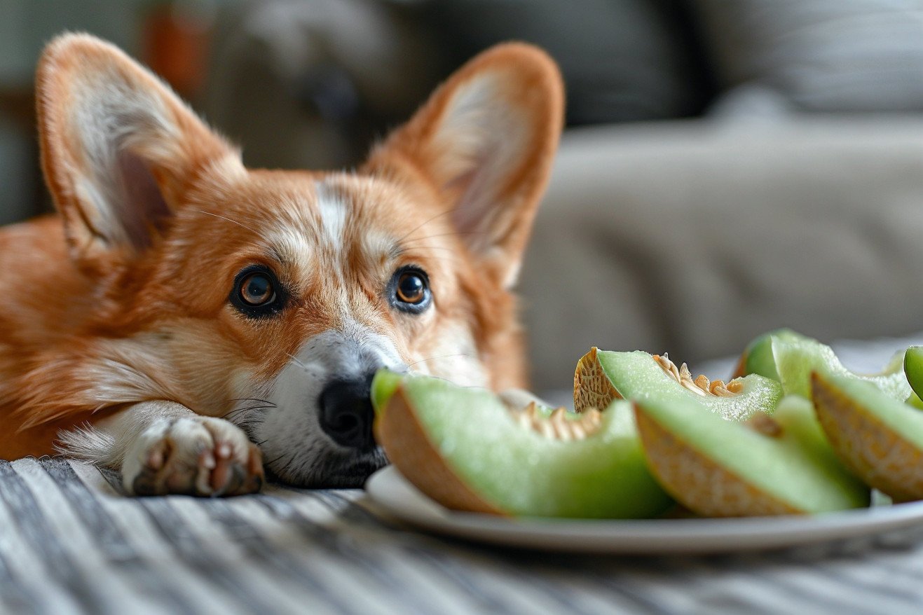 Pembroke Welsh Corgi sitting next to a plate of green honeydew melon slices, looking at the fruit with a curious but wary expression