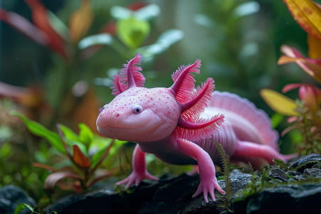 Pink axolotl swimming at the bottom of an aquarium with colorful fish and green plants in the background