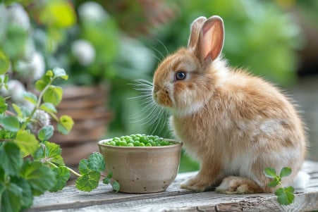 Fluffy, tan and white rabbit sitting next to a small bowl of fresh green peas