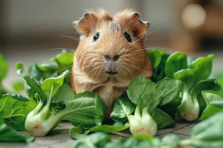 American guinea pig sitting upright and looking inquisitively at the camera, surrounded by scattered bok choy leaves