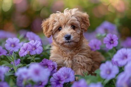 Playful cockapoo puppy cautiously sniffing a purple petunia flower in a grassy outdoor setting
