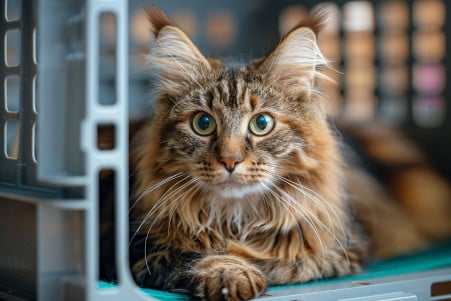 Maine Coon cat with a fluffy coat resting in a pet carrier, with a slightly swollen belly indicating the possibility of retained kittens