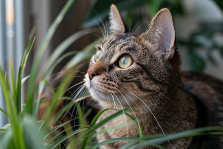 Close-up of a tabby cat staring intently at a ponytail palm plant