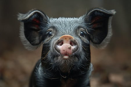 Artistic portrait of a Vietnamese Pot-bellied pig gazing directly at the camera, with its mouth slightly open, revealing its teeth as it appears to be in the middle of chewing