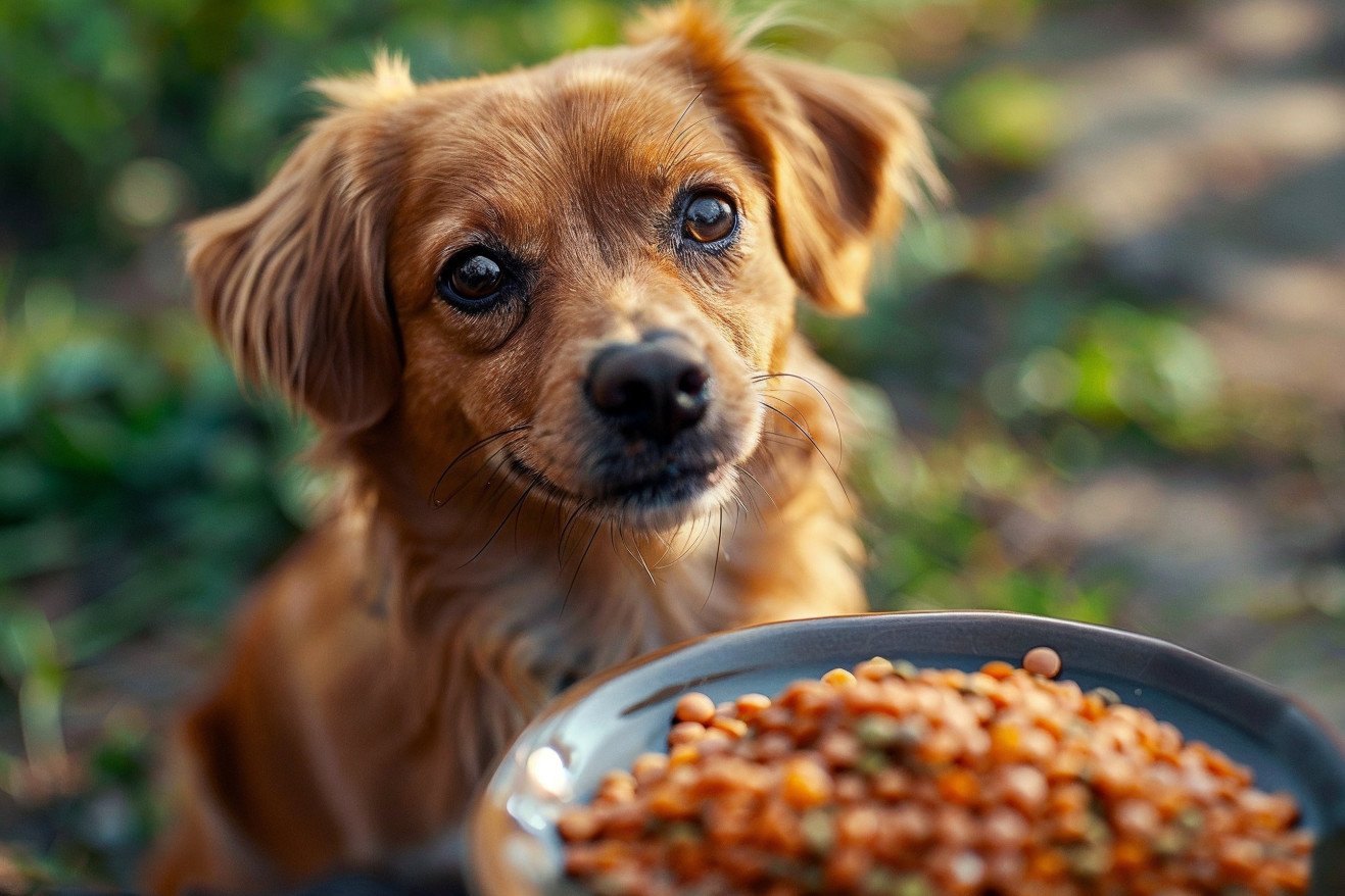 Mixed-breed dog standing near a plate of cooked lentils, with a happy, eager expression