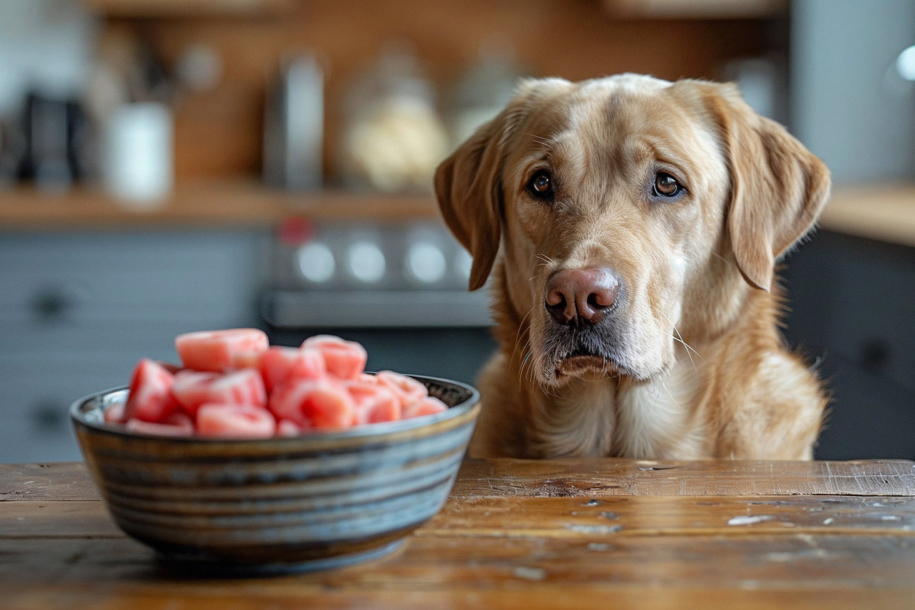 Labrador Retriever watching a human place a bowl of cow hooves on a wood kitchen table