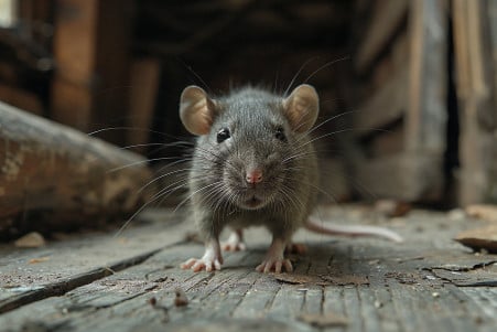 Photorealistic image of a startled grey rat scurrying across an old, dusty wooden attic floor