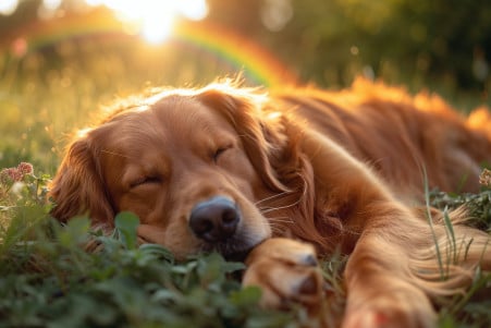 Serene Golden Retriever lying in a sunlit meadow with a faint rainbow symbolizing peace and afterlife