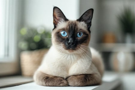 Siamese cat with a chiseled face and lithe build sitting upright on a white table, appearing to overgroom with patches of fur pulled out