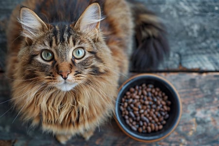 Curious Maine Coon cat sitting next to a bowl of black beans, eyeing them cautiously