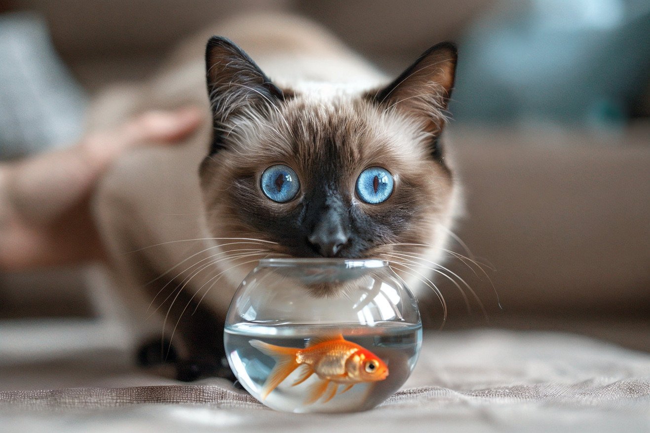 Siamese cat staring intently at a fishbowl containing small goldfish