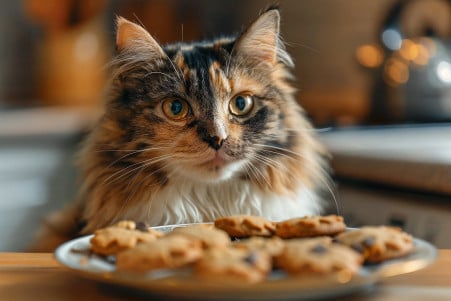 Curious calico cat staring at a plate of cookies with a cautious expression
