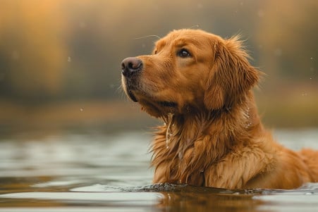 A Golden Retriever with a thick, golden coat swimming effortlessly in a calm lake