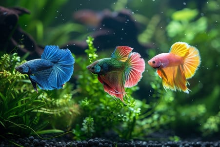 Stock photograph of a 10-gallon community aquarium housing 3 female bettas with distinct colorations - blue, yellow, and pink - in a heavily planted environment with Java fern, Anubias, and driftwood.