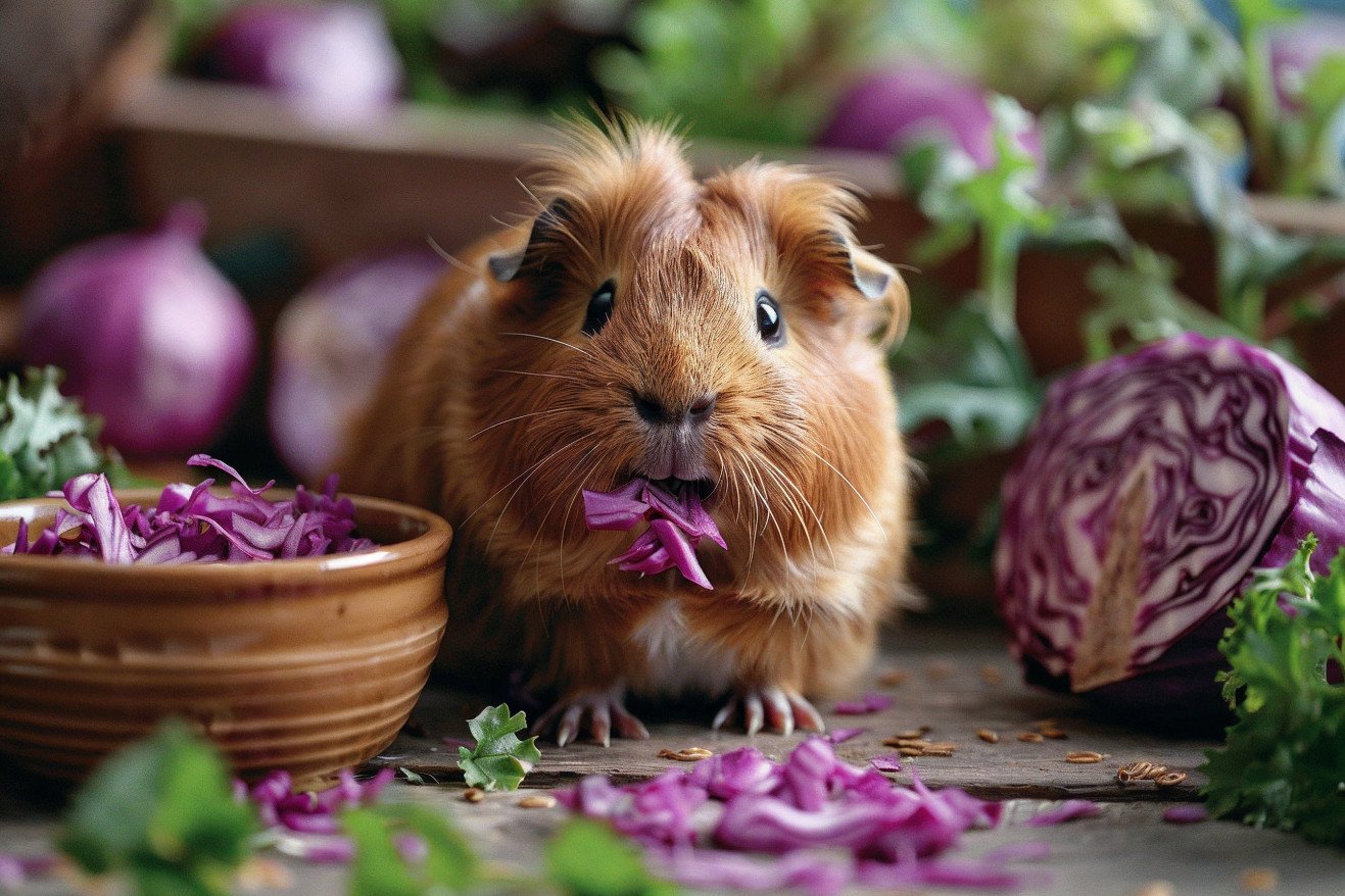 Detailed image of an Abyssinian guinea pig with a rosette-patterned coat nibbling on shredded purple cabbage leaves in a dish filled with timothy hay